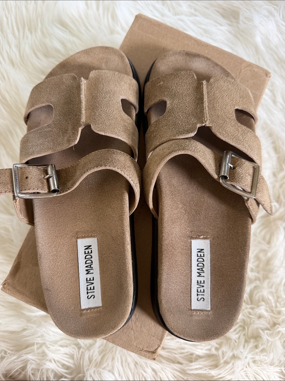 Steve Madden Mayhem Tan Suede Buckle Slide Sandals - Picture 8 of 13